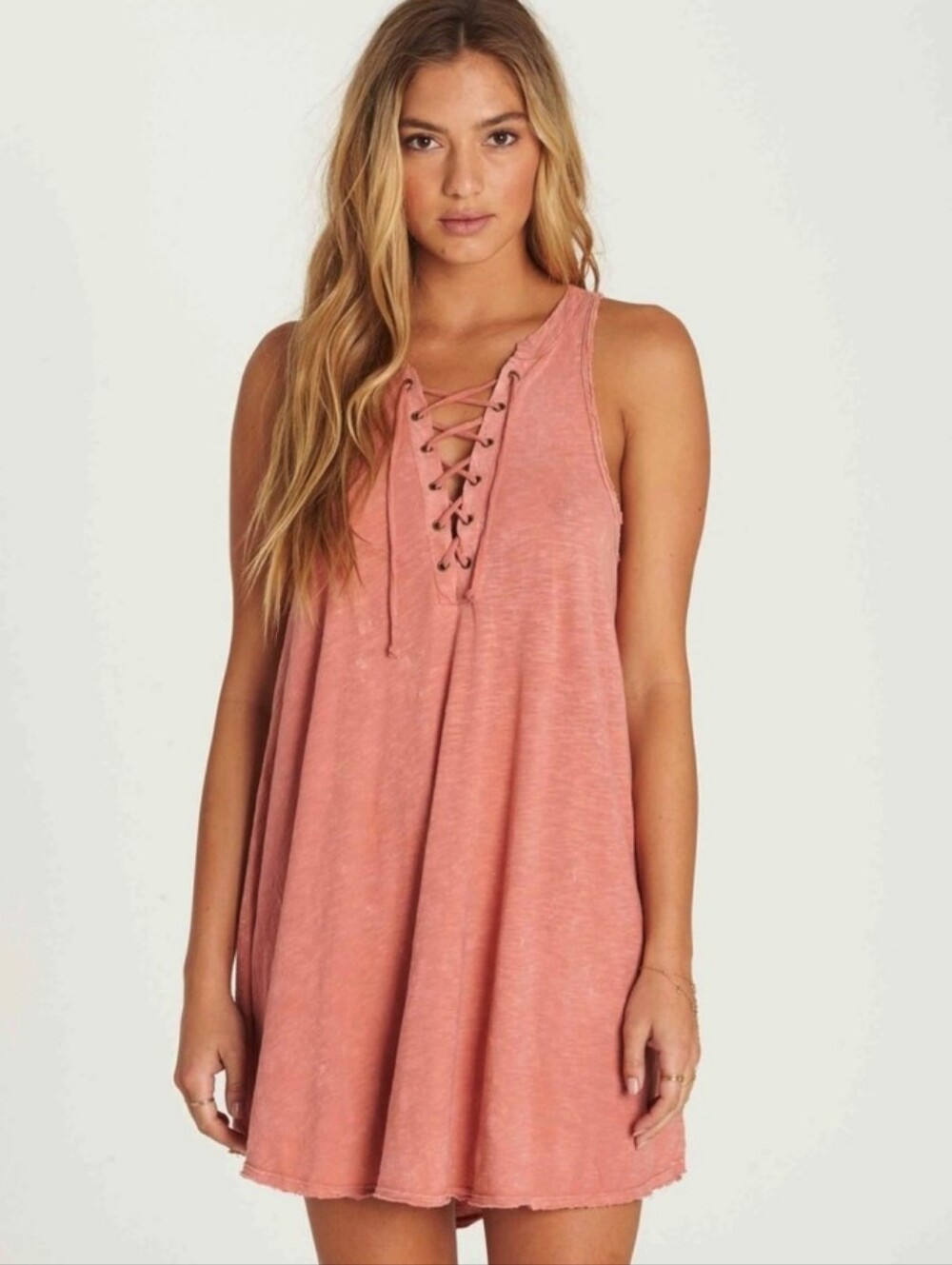 #31 Billabong Lace-Up V-Neck Mini Dress in Dusty Pink